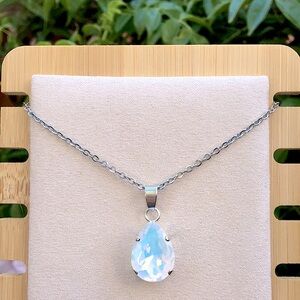 White Opal Aurora Borealis Pear Crystal + Silver Pendant Drop Necklace